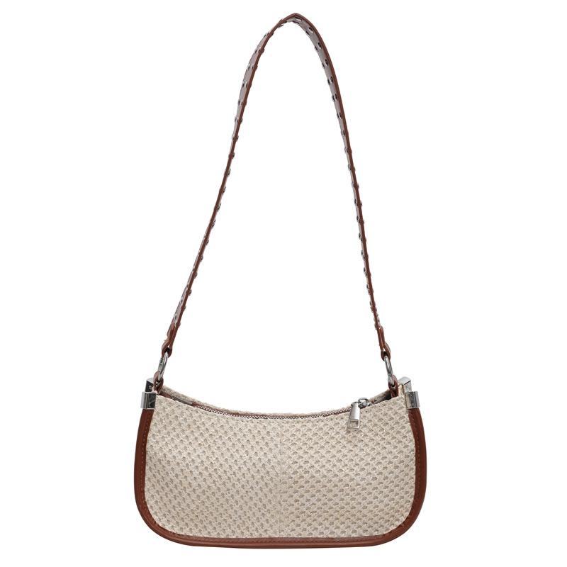 

2025 Fashion Patchwork Woven Straw Underarm Bag Rivet Handbags Women Designer Holiday Travel Shoulder Bag With Adjustable Strap