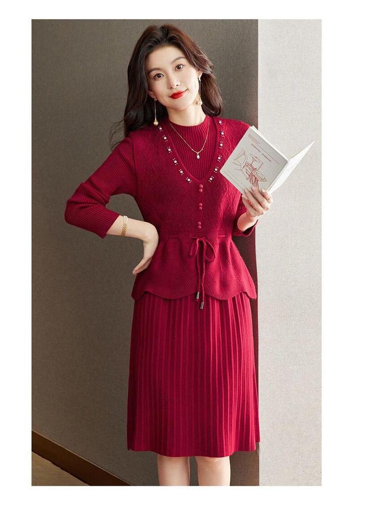 Two-Piece Knit Vest & Dress Set: Mid-Length, Slim-Fit, Autumn/Winter Fashion