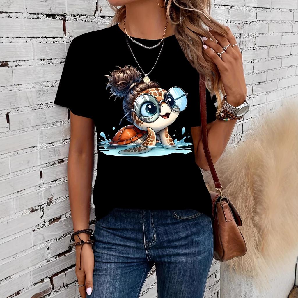 Ladies Short Sleeve Cute Printed Crew Neck Top Loose Casual T-Shirts Women’s