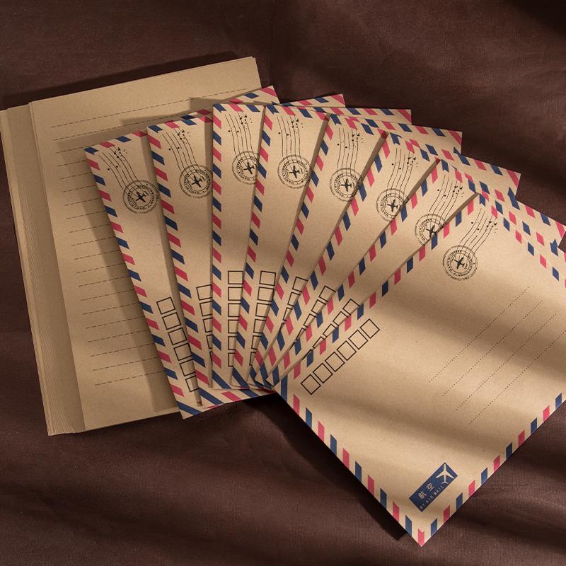 Kraft Paper Retro European Style Airmail Envelope & Stationery Set with Postcards and Greeting Cards In White