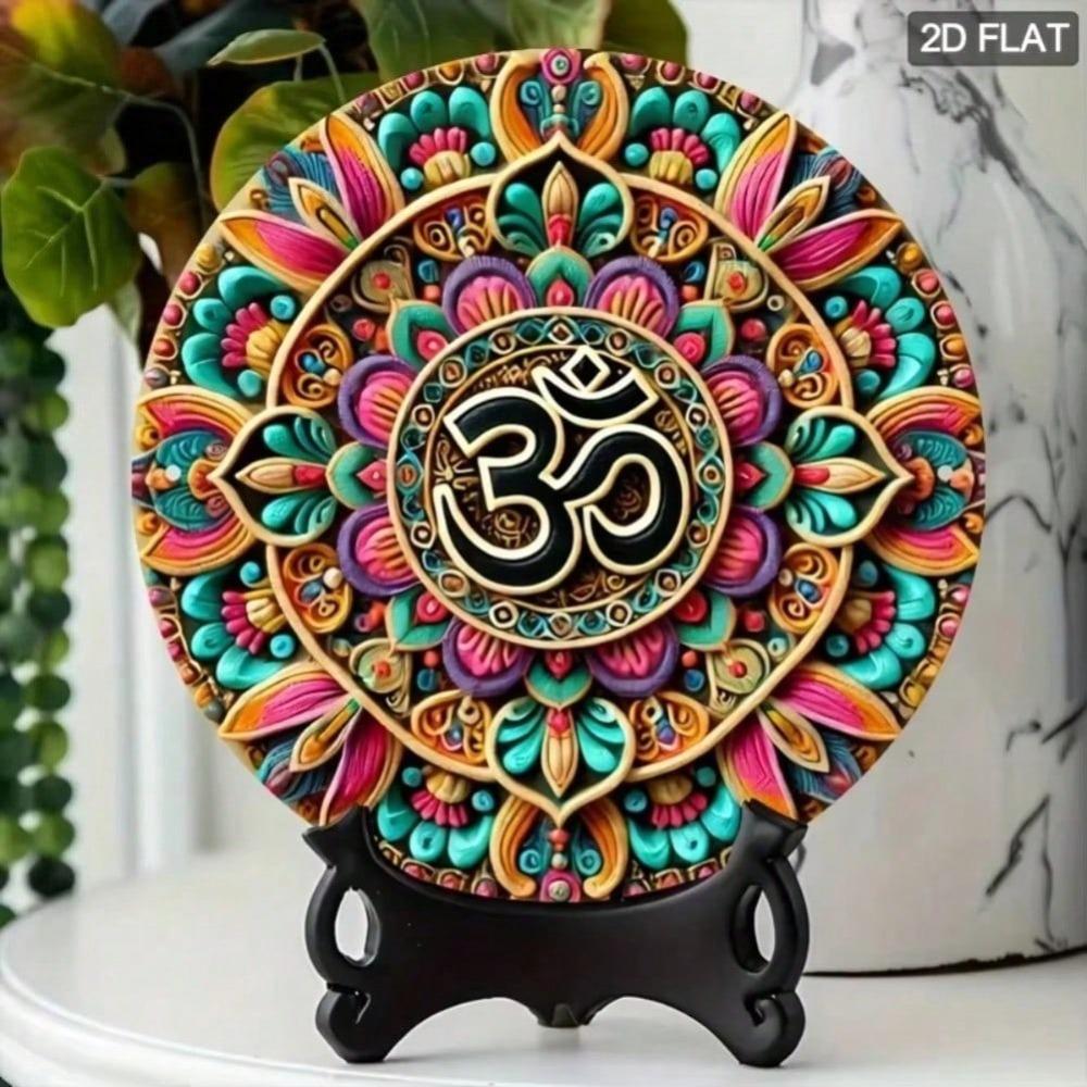 2D Flat Vibrant Om Symbol Decorative Round Aluminum Sign, Colorful Mandala Hindu Design for Home Wall Room Decor