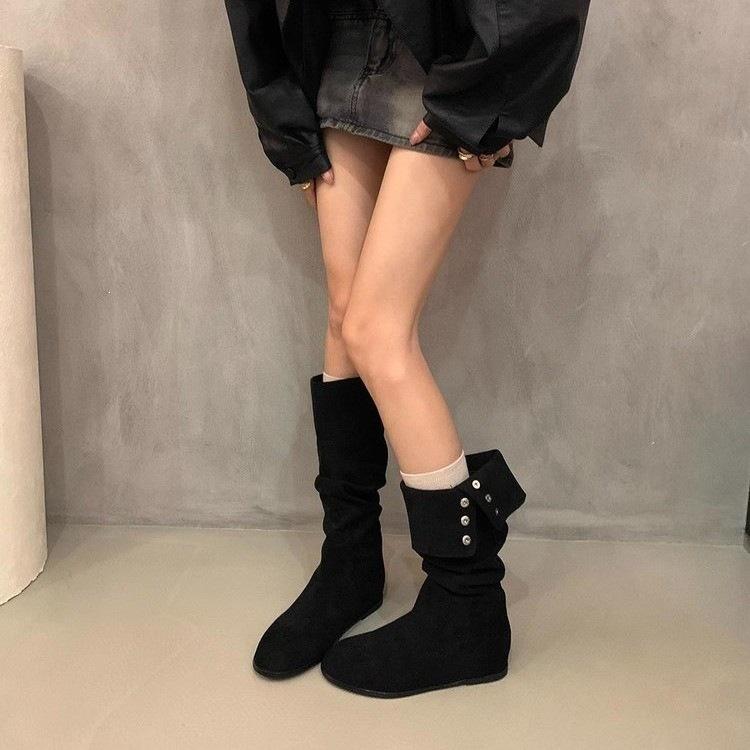 Pleated knee-folding boots piled up new locomotives but thin retro high boots inner height increase women's boots