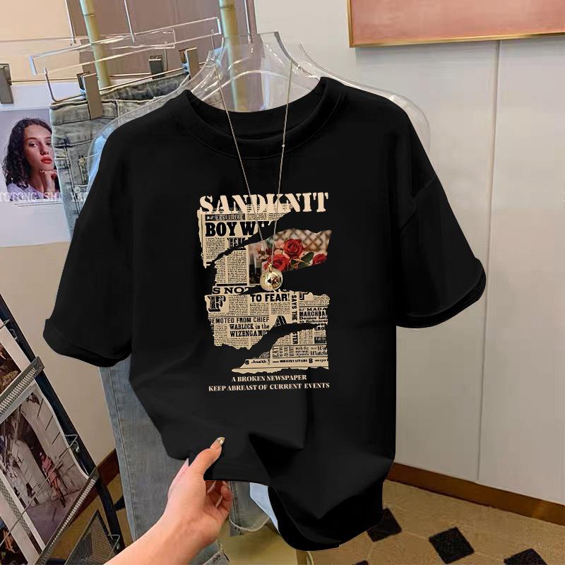 

Dark gray pure cotton shoulder retro short-sleeved T-shirt women s 2025 summer new European product design loose top ins XXXL