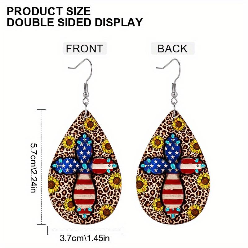 Vintage American Flag Cross Sunflower PU Earrings for Women , Independence Day Gnome Hold Red Love Water Drop Earrings,