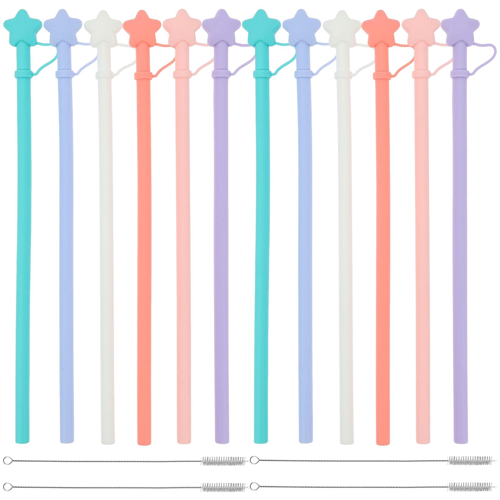 

12Pcs Replacement 12 Long Silicone Straws for 30/40oz Cup Tumbler Reusable Silicone Straw with Star Cover & 4 Cleaning Brushes