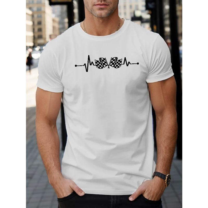 

European size Men s Casual Short Sleeve T-Shirt with Racing Flag Design - Breathable Crew Neck Tee Tops- Perfect for Summer S белый