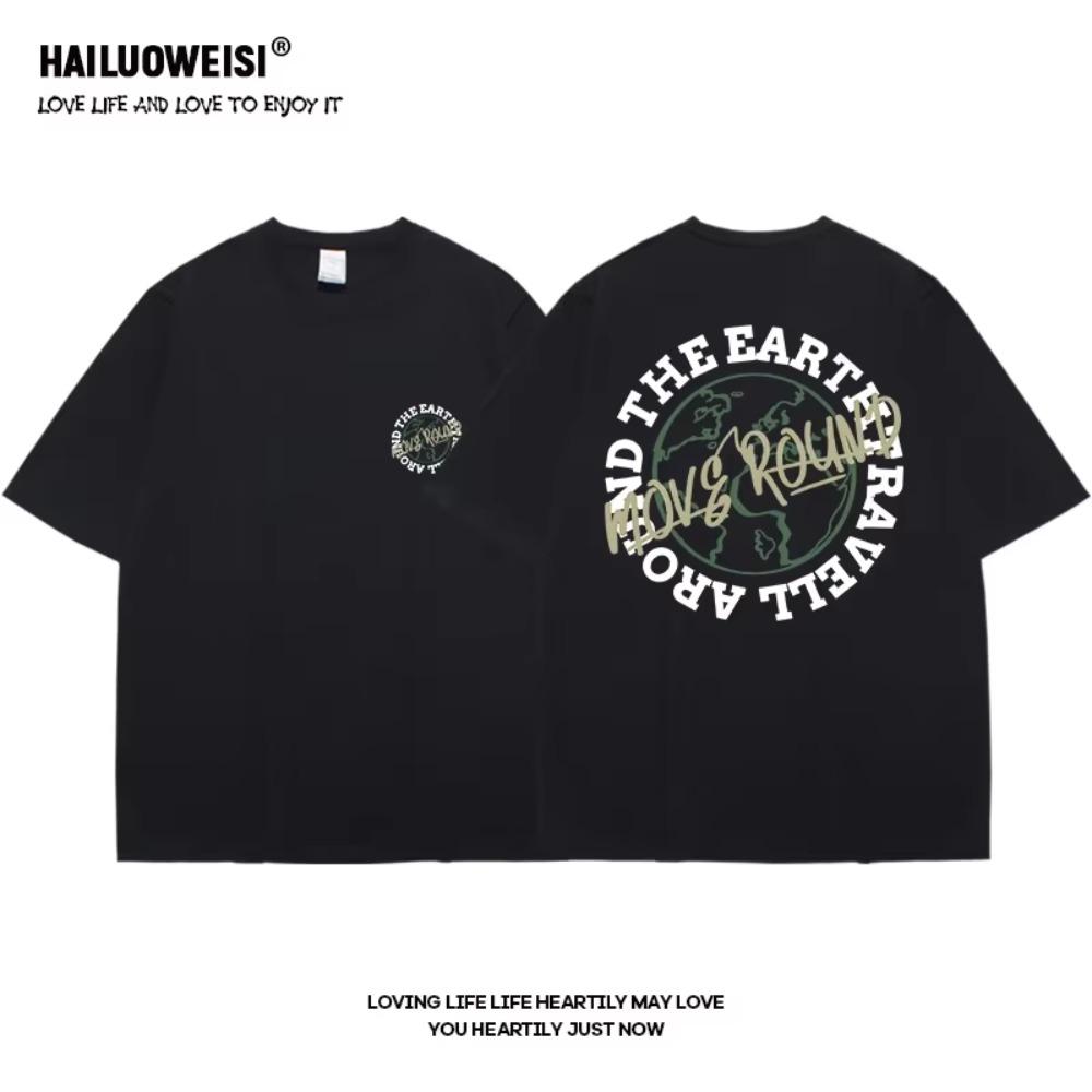 Summer Fashion Heavyweight Retro Men's English Letters 100% Cotton Printed Round Neck High-quality Casual Fitness Street T-shirt