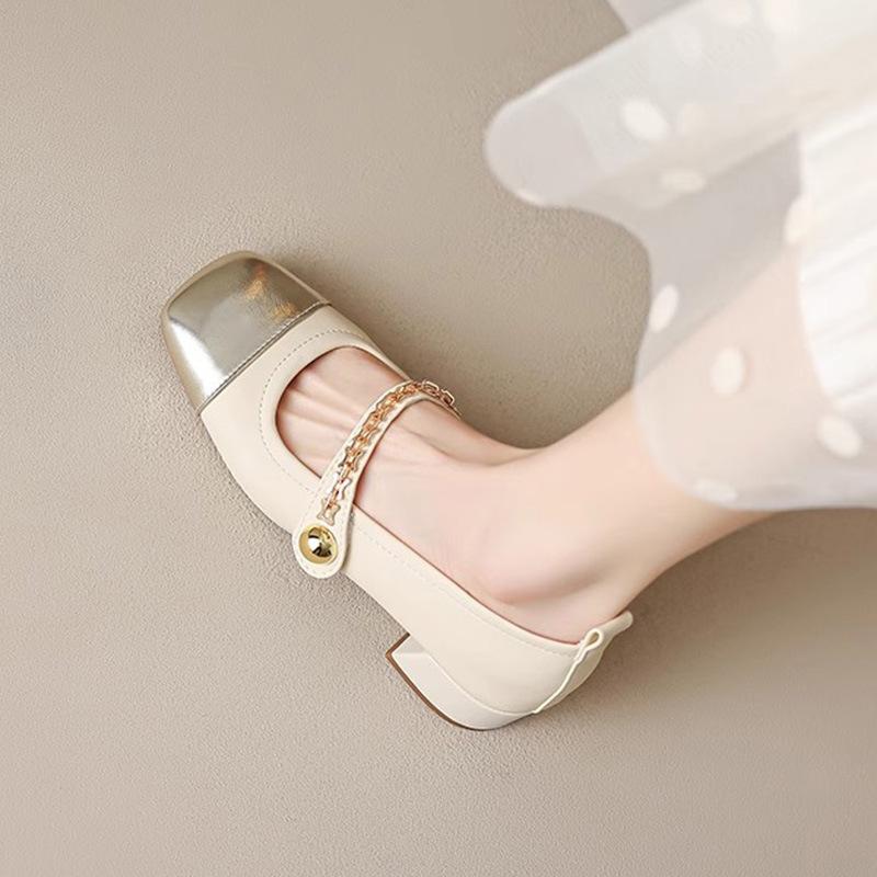 Fashion gold leather patchwork med- high heels shoes woman metal chains pumps ankle strap mary janes shoes tacones big size 43