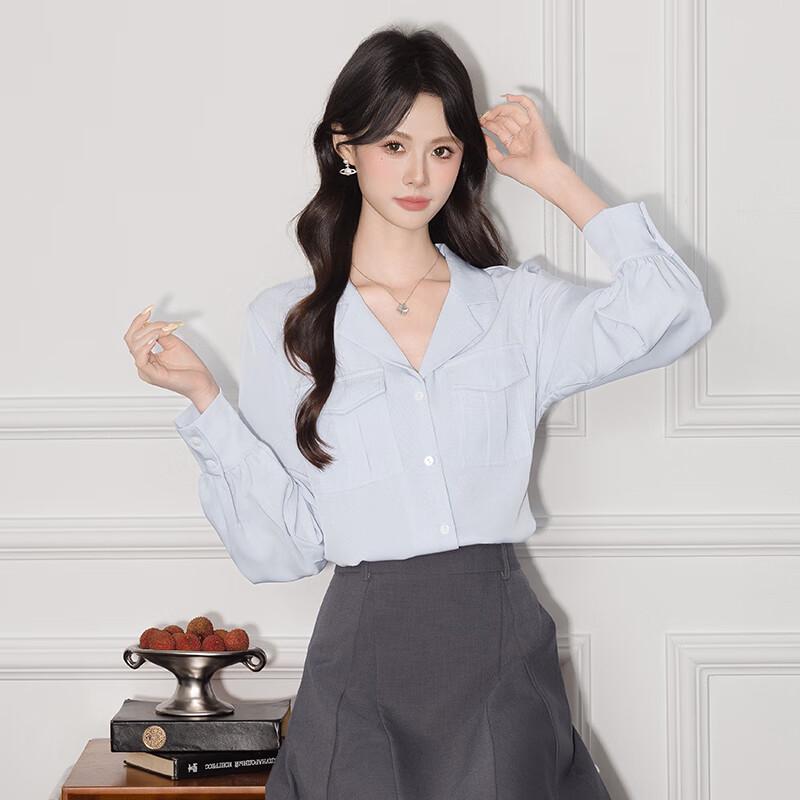 Women's Elegant Lapel Pocket Long Sleeve Shirt