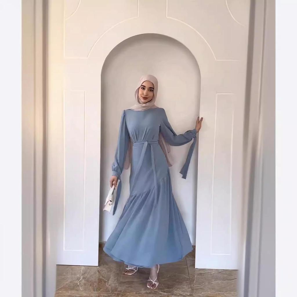 In Stock: 2024 Spring Dubai Long Sleeve Tie-Up Midi Dress Set