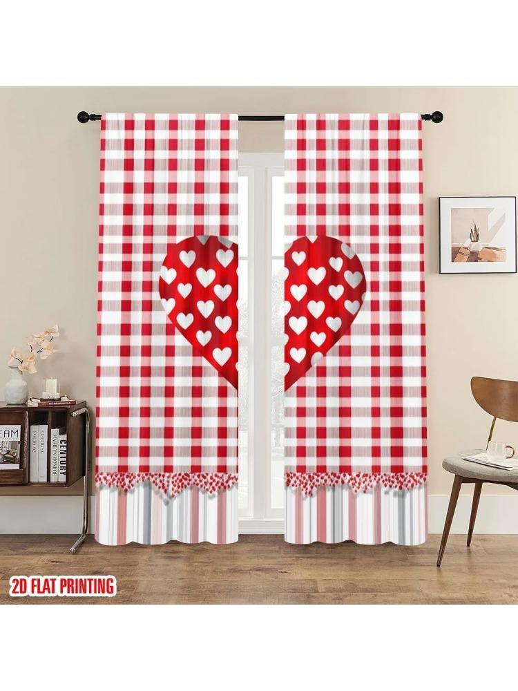 

Contemporary Plane Printing Curtains Checkered Love Durable Polyester Fabric Without Rod All Seasons Use Curtain W100*H70(CM)-Hooks&2PCS