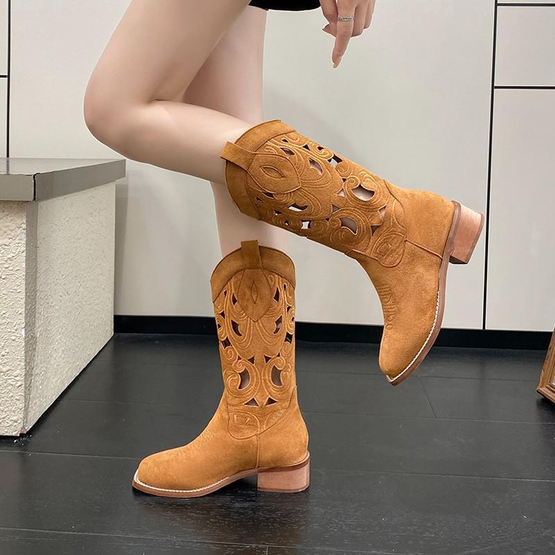Embroidered retro western cowboy boots hollow summer thin boots women's summer breathable fashion boots medium tube knight boots