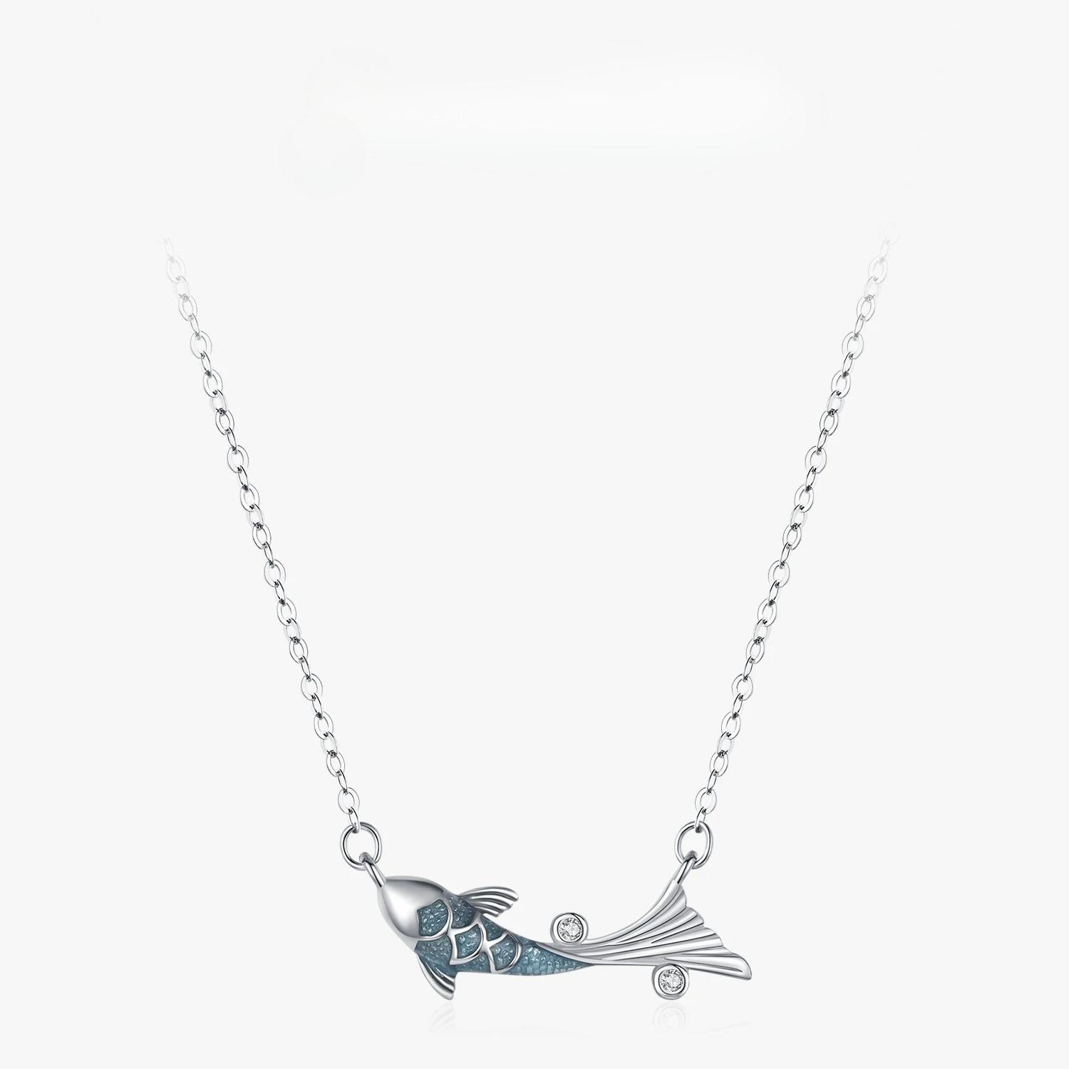 

Ailmay New Fashion Sterling Silver Glitter Zircon Blue Enamel Fish Necklace for Women Girls Lucky Jewelry Gifts серебряный