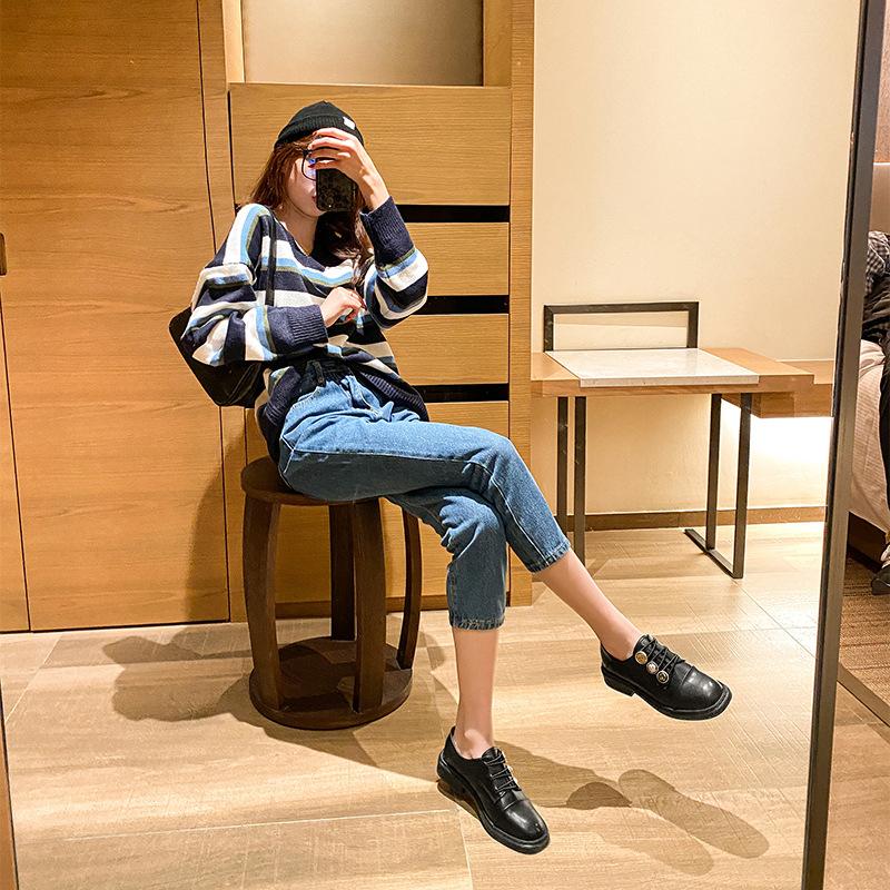 Sneakers Patchwork Leather Oxford Shoes Woman Thicken Soled Flats Medal Button Elastic Tied Loafers Femme Stiching Creepers