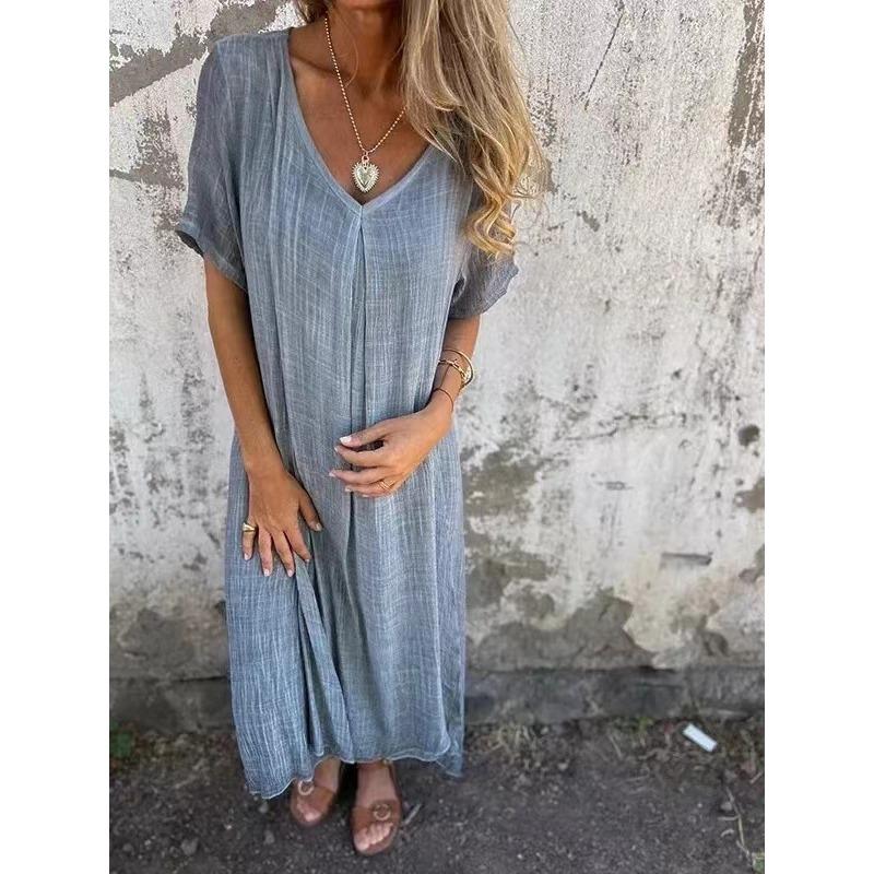 Women's Short-sleeved Cotton Linen Dress V-neck Loose Large Size Casual Vacation Street Thin Long Dresses