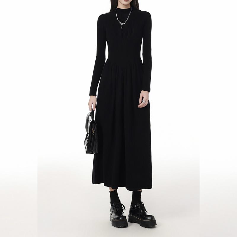 Women's Black High Neck Long Sleeve Bodycon Midi Dress - Petite Waist Slimming 2026 Spring Style