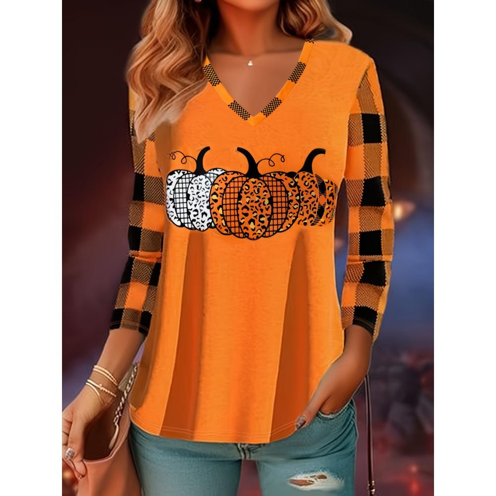 Women's Halloween Long Sleeve T-Shirt, Autumn Halloween Atmosphere Pumpkin Pattern Patchwork Checked Sleeve T-Shirt