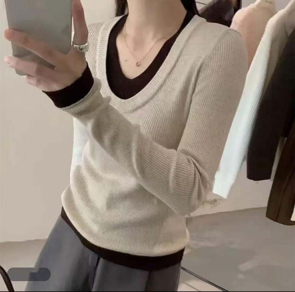 Color-block fake two-piece patchwork knit sweater, new slim autumn/winter slimming long-sleeve sweater base top for women