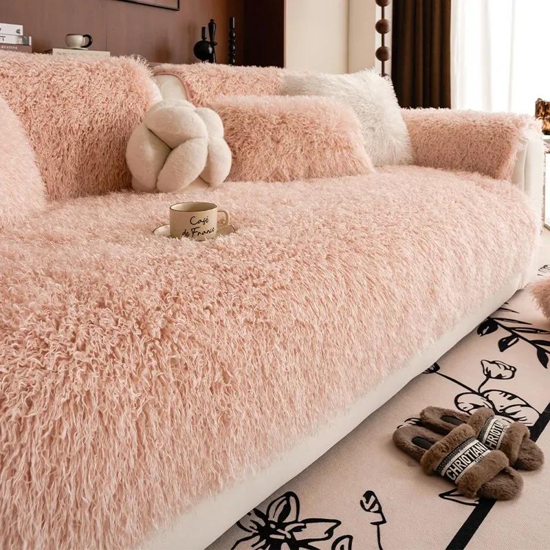 Solid Color Artificial Plush Sofa Cover Universal Soft Sofa Towel Non-slip L Shape Sofa Blanket Couch Cushion Mat Living Room
