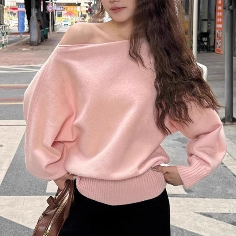 Pullover a maglia con maniche a pipistrello lunghe da donna 380g Spesso Scollo a barca Moda coreana Maglione Largo Casual Capo spalla per l'autunno Pull