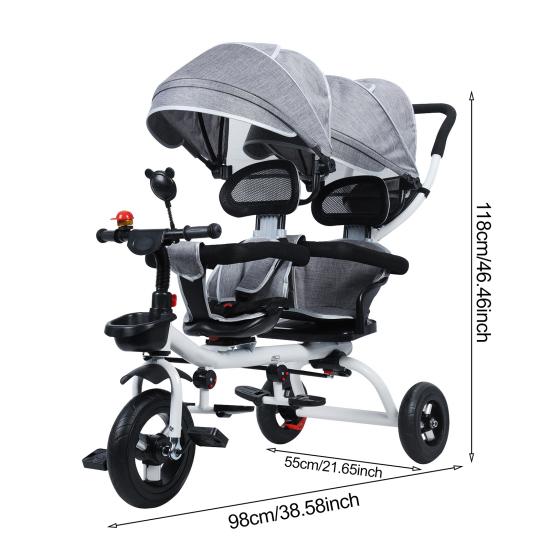 Tandem-Dreirad mit Doppelsitz und Verdeck, kippsicher, stoßfestes Gummirad, doppelter Kinderwagen, Kinderdreirad mit Klingel und Spiegel
