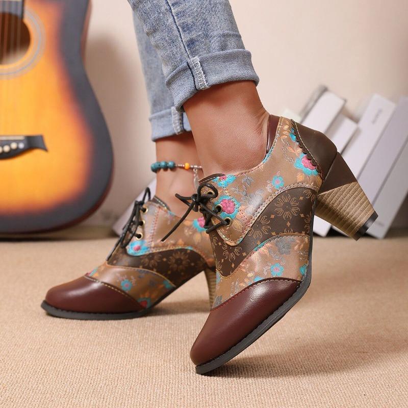 Autumn and Winter New Thick Heel High Heel Splicing Colored Jacquard Buckle Women's Boots Martin Boots