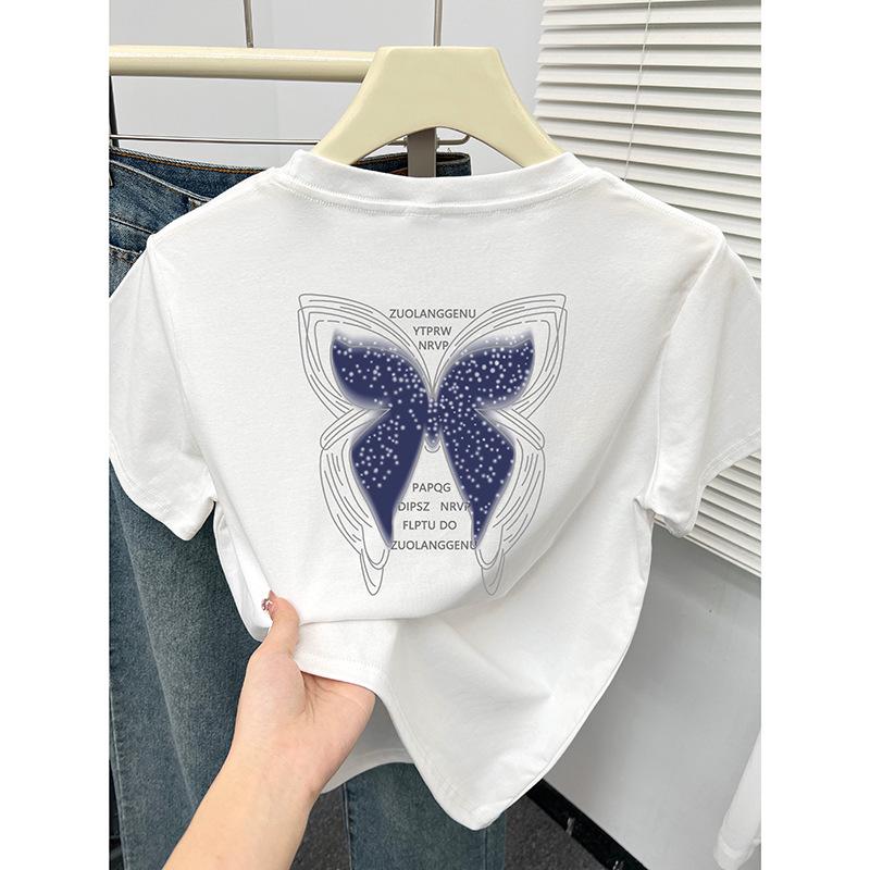 

Женская летняя футболка с принтом бабочек, с прямыми плечами и короткими рукавами - Модный облегающий топ Large