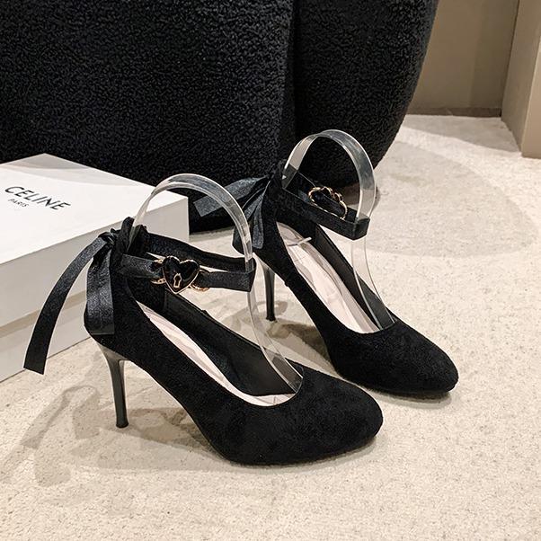 

Spring and autumn new cross-strap pointed head stiletto high heels ribbon bow temperament love lock single shoes 34