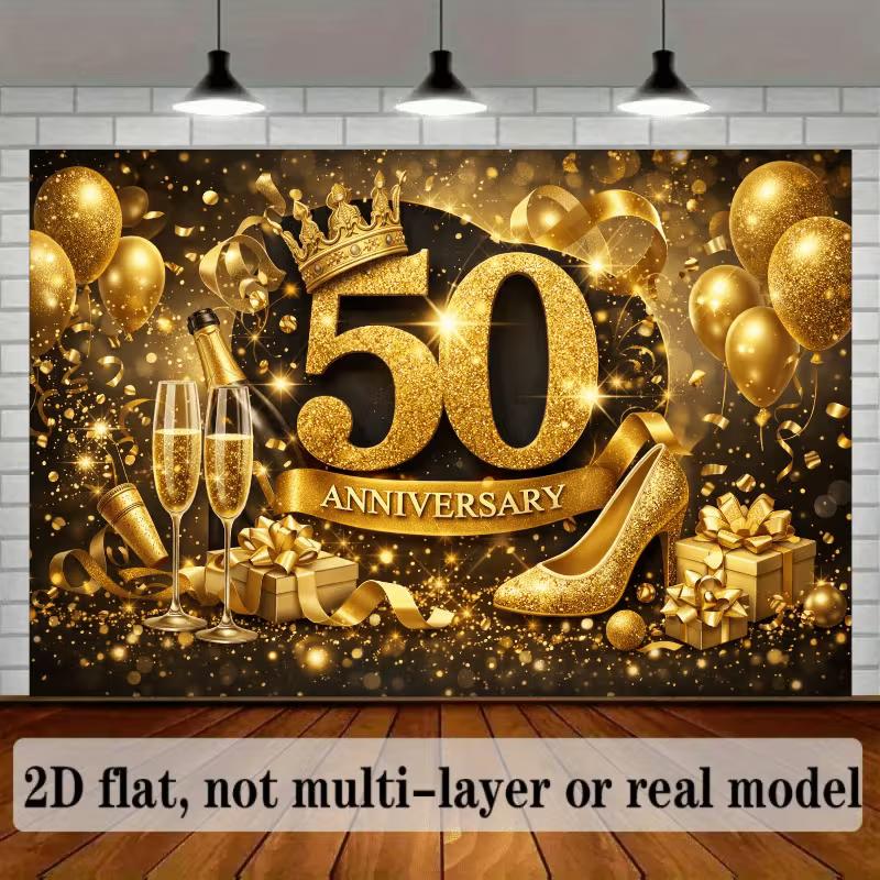 2D 50th Anniversary Golden High Heels & Balloons Background