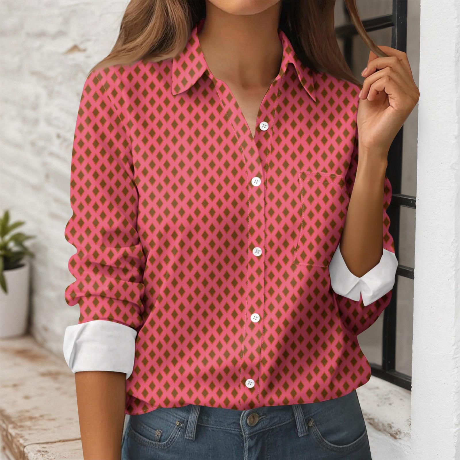

Women s Button Down Prints Shirt Long Sleeve Shirt Business Work Tops Casual With Pockets Jacket XL винний