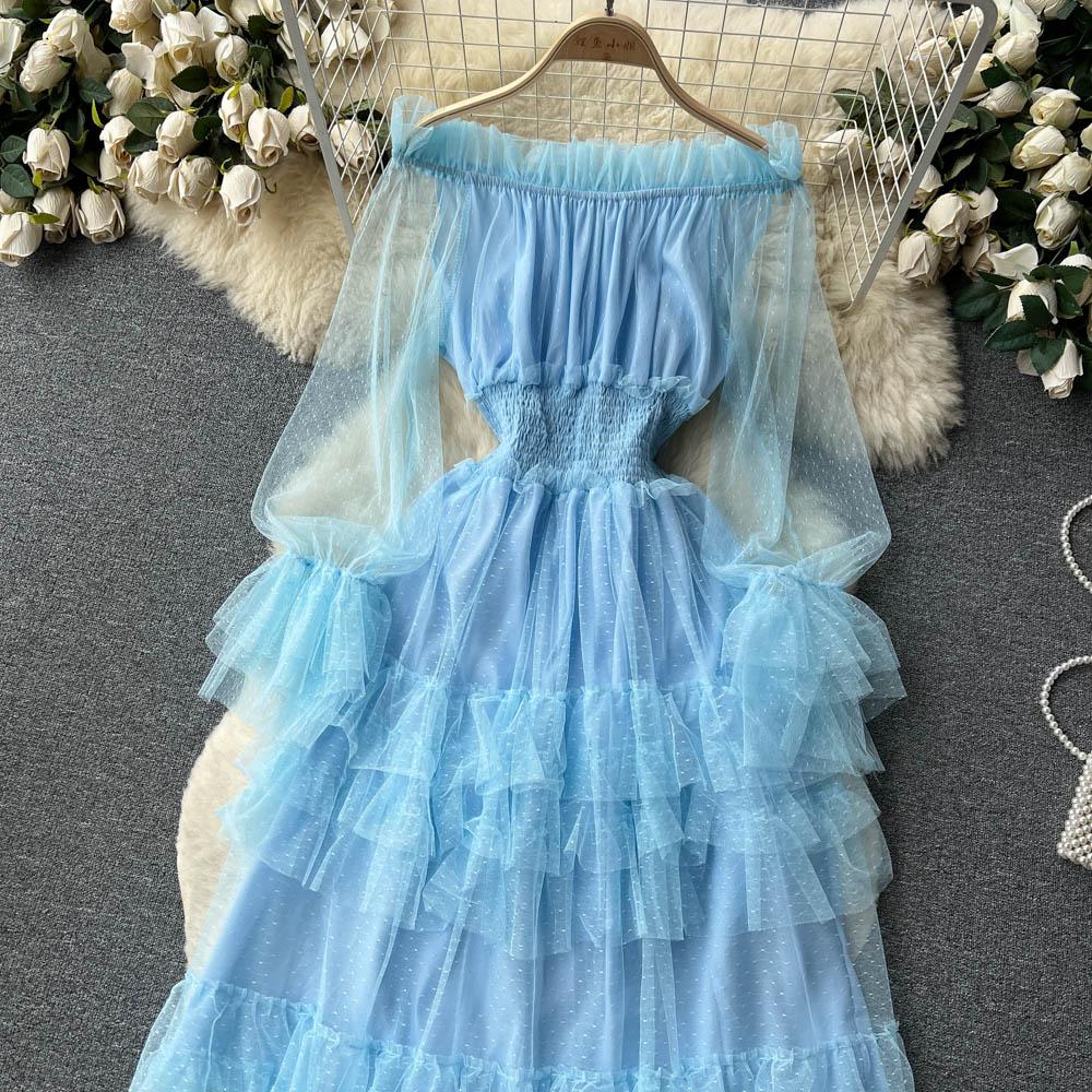 French Fashion Mesh Party Long Dress Women Ruffle Long Sleeve Slash Neck Elastic Waist Ladies Summer Elegant A Line Dresses