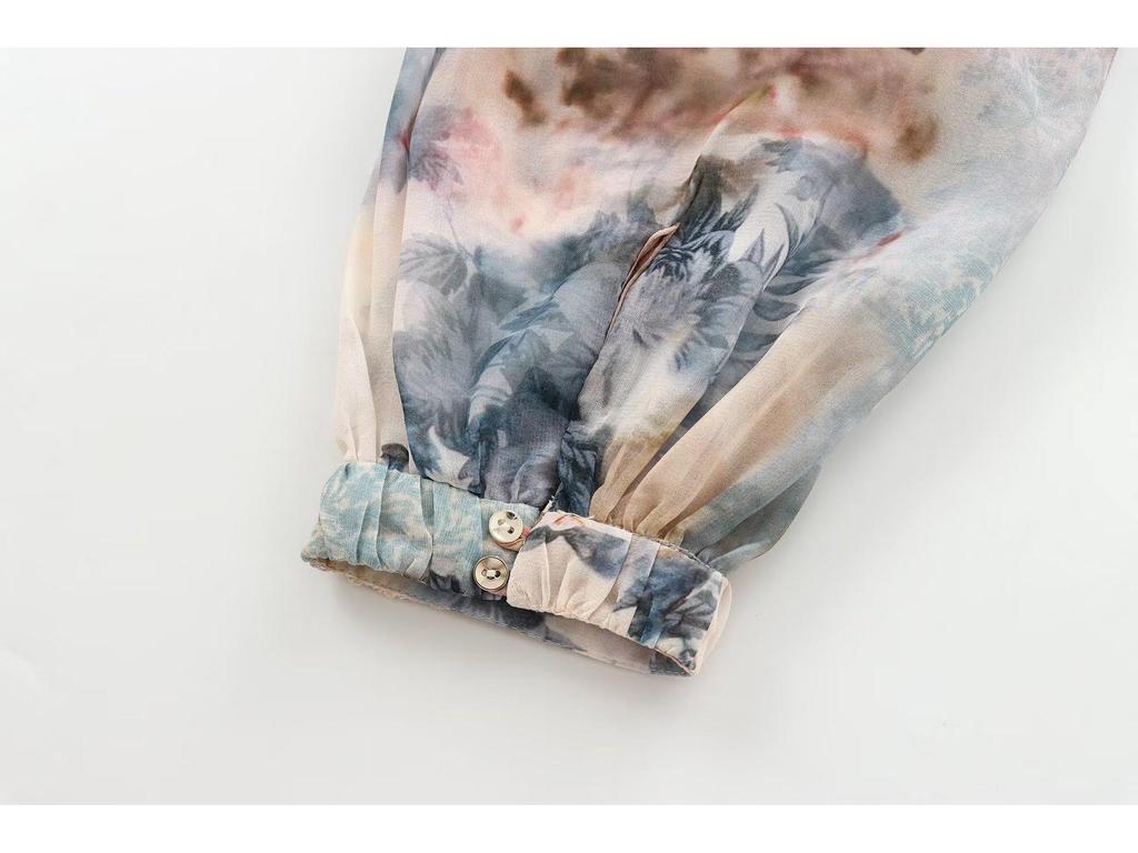 Květinové midi šaty s výstřihem do V a páskem - Dámský evropský a americký styl 2025 Jarní/podzimní kolekce