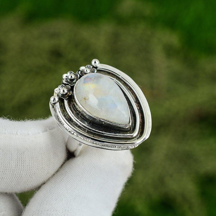 Natural Rainbow Moonstone Solitaire Adjustable Ring 925 Silver For Women Adjustable