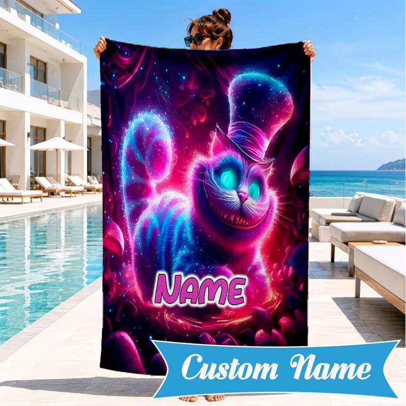 Custom Name che-shire cat Beach Towel Microfiber Beach Towel, Lightweight and Quick-Dry, for Summer Travel, Swimming Pool Gift