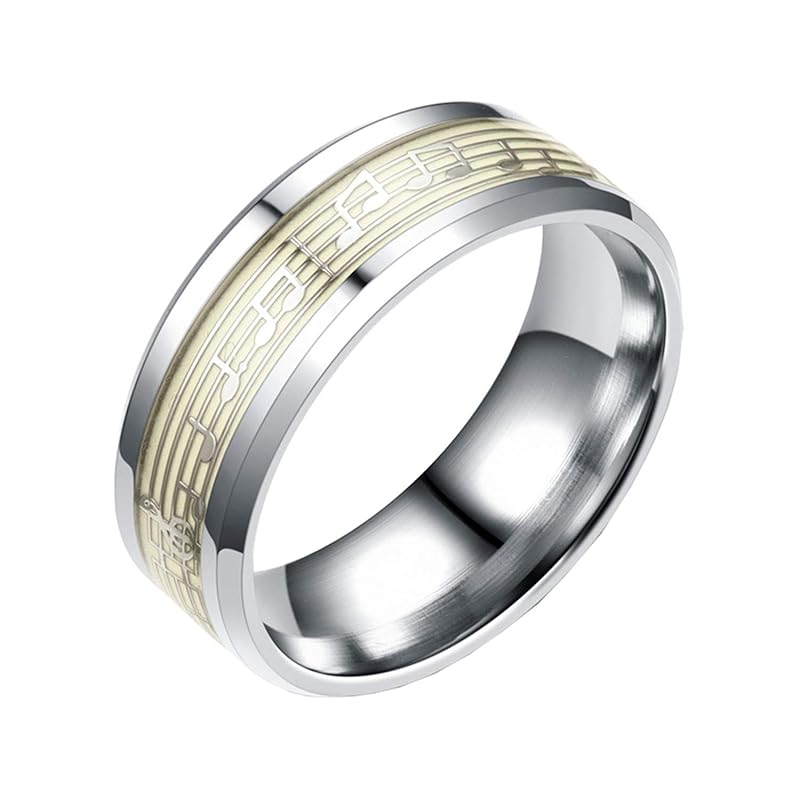 

Oakky men s 8mm stainless steel piano staff wedding luminous ring Personalized couple musical note band shines in dark silver size 17