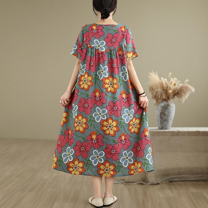 2025 léto nové retro potisk bavlna a len šaty dámské volné a tenké kulatý výstřih krátký rukáv A-střih dlouhé šaty