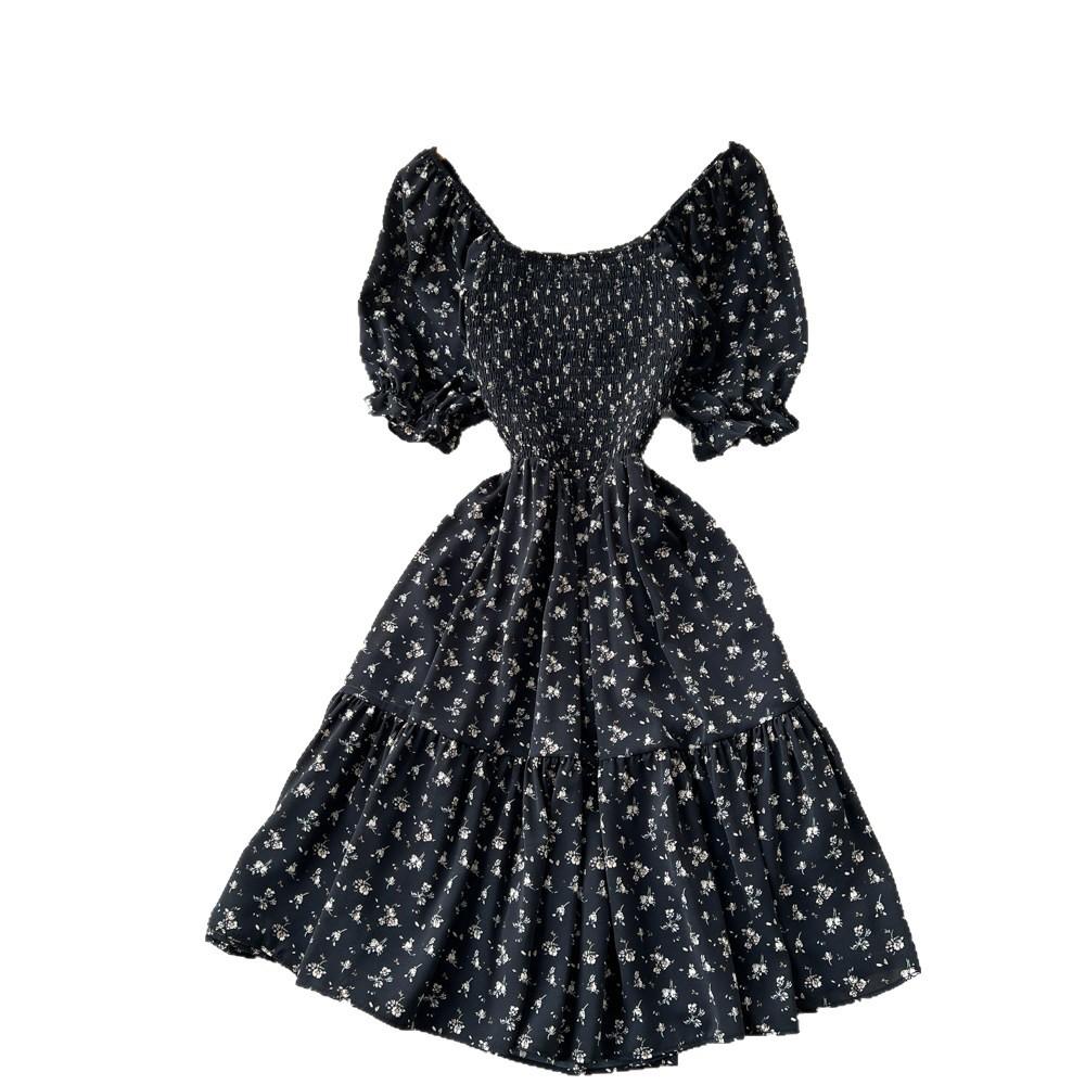 Red floral waist pleated dress women's summer bubble sleeves square neck high waist A-shaped dress romantic and fashionable