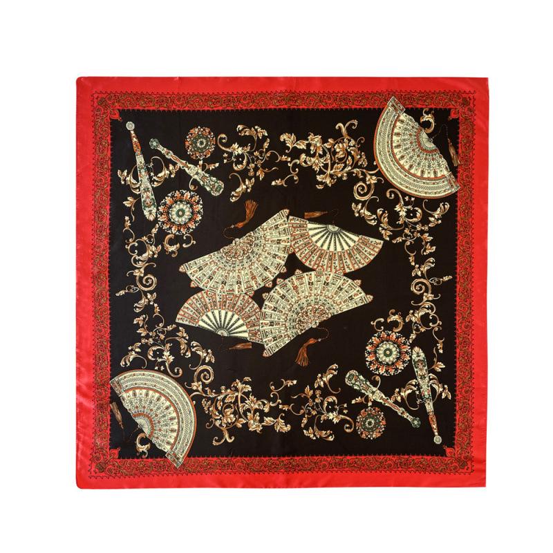 Silk Scarf Large Square Scarf Women's High-end Silk Scarf Fan Printed Scarf Beige Headscarf