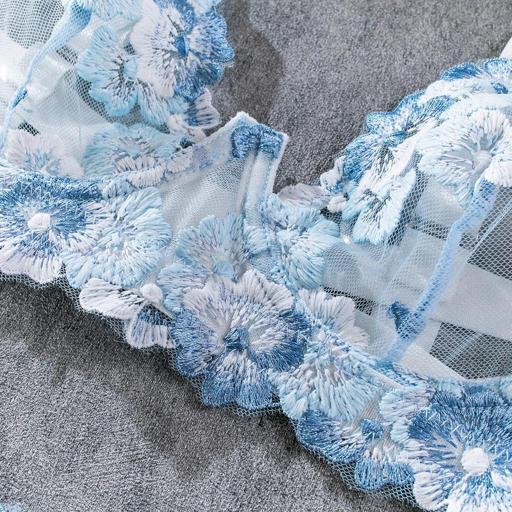 Blue Embroidered Low Cut Underwire Bra & Lingerie Set