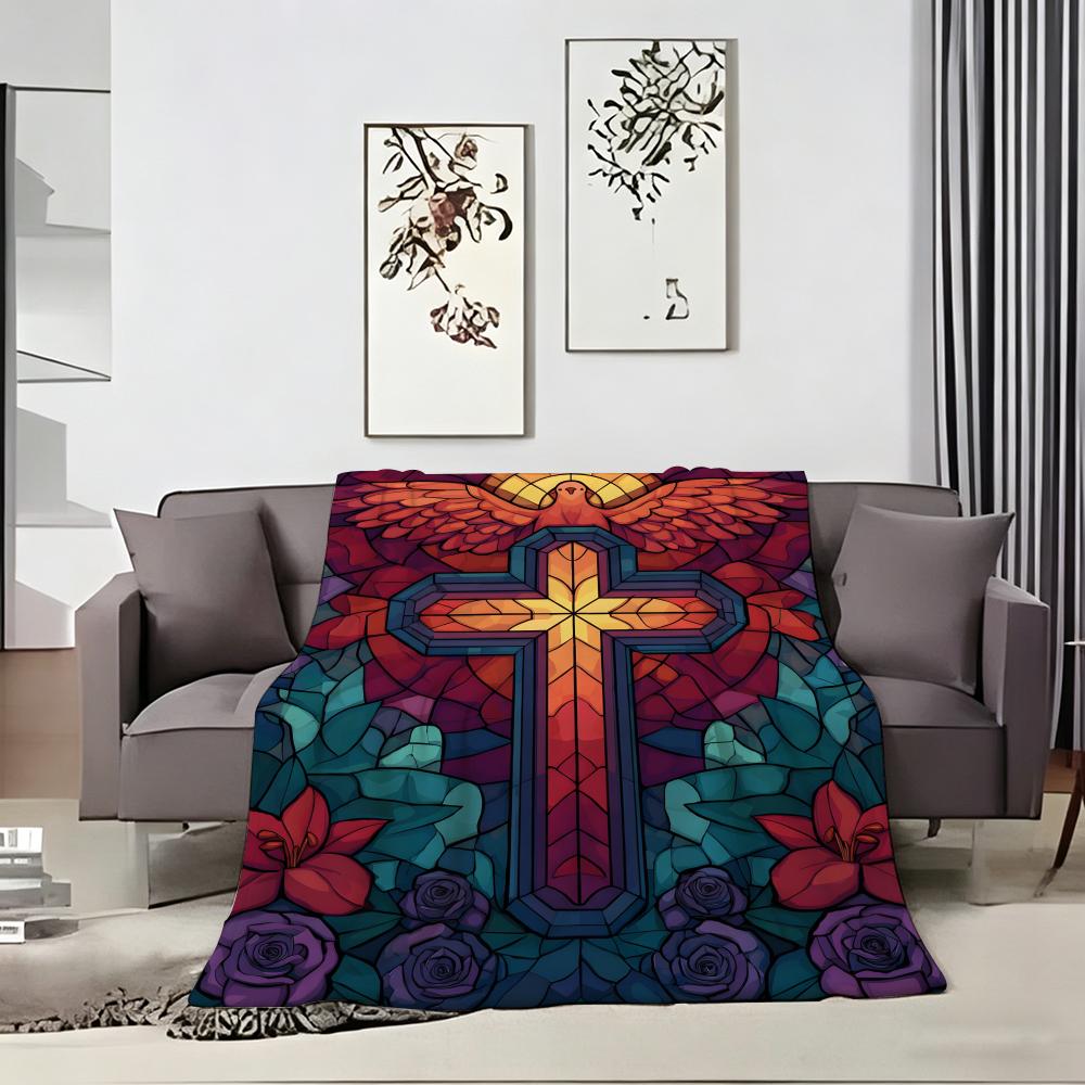 Artwork S-Stained Glass Cross Throw Lightweight 240g Flannel Blanket Soft Skin-friendly for Summer Cooling