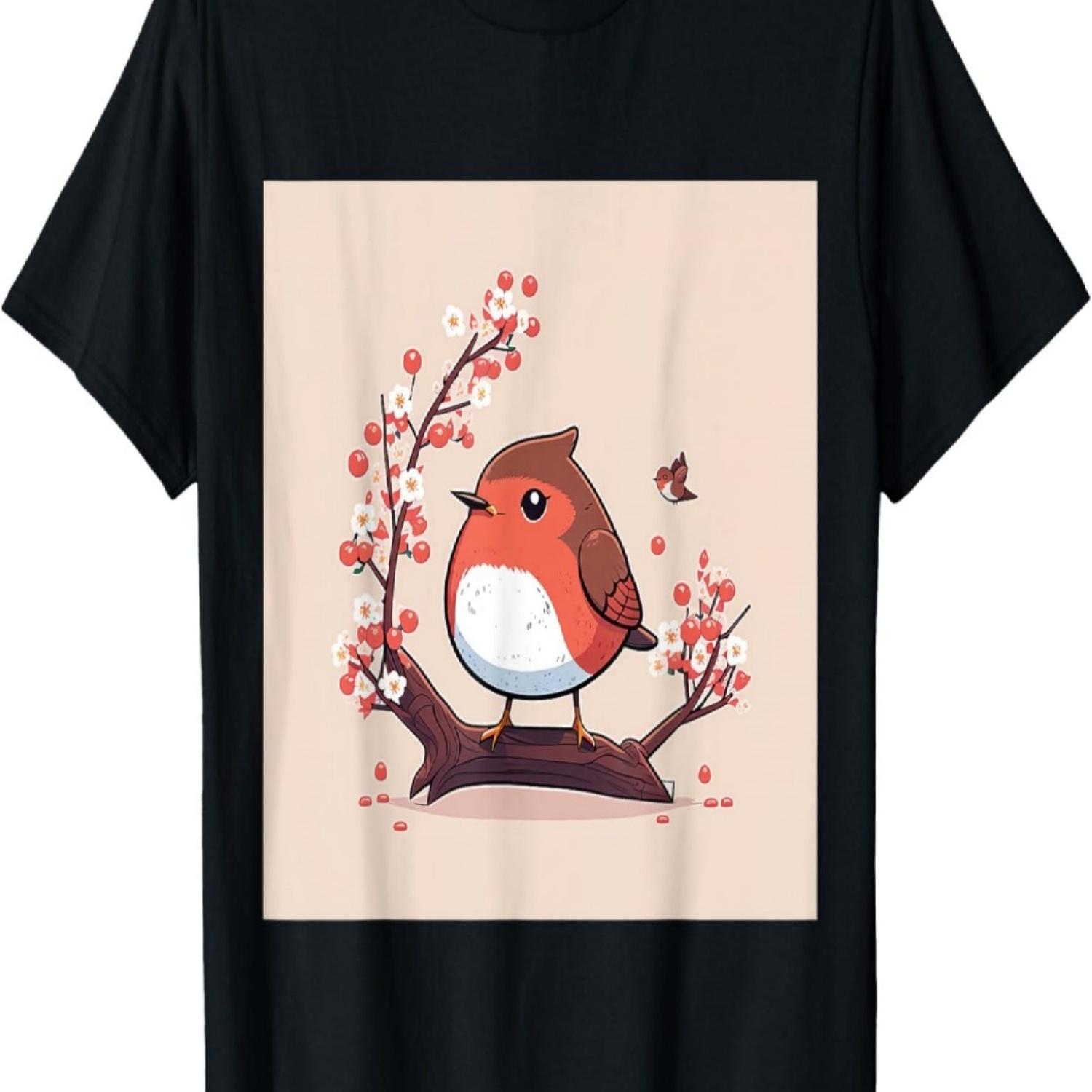 Unique and Stylish Cute Red Robin Kawaii Cherry Blossom T-Shirt S