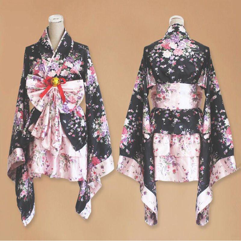 Elegant Japanese Kimono Cosplay Lolita Anime Maid Outfit With Full Accessories