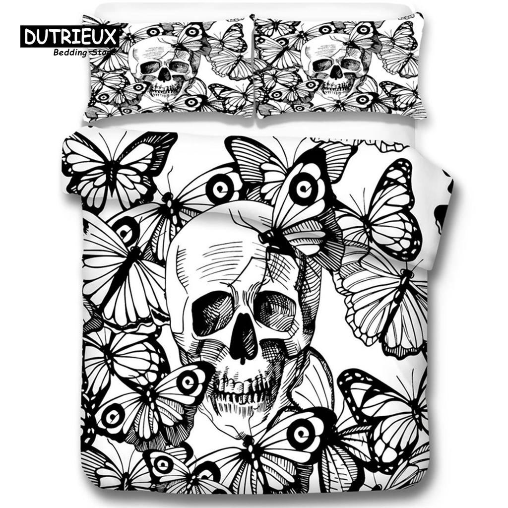 Gothic Skull Bedding Set Death Moth Flowers Print Duvet Cover Skeleton Bones Butterfly Pillowcases