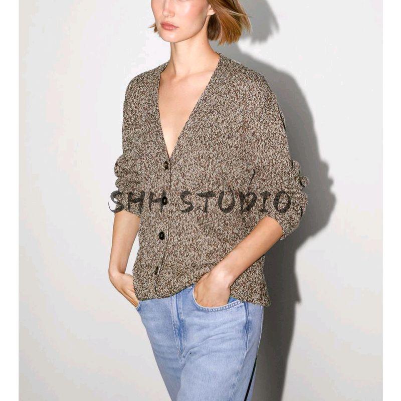 MD New Fall Women's Clothing Casual Laid-Back Style Relaxed Two-Color Yarn Mid Length Long Length V Neck Cardigan 5705739