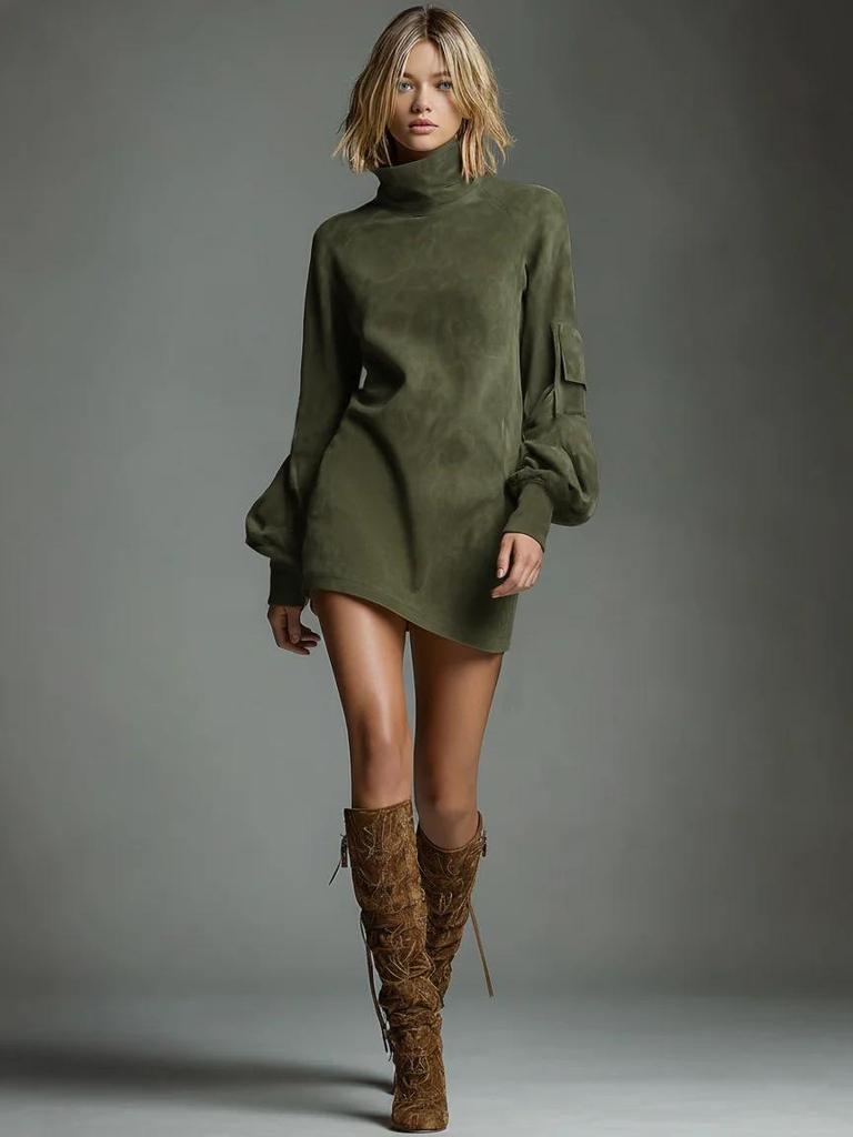 European & American High-End Women's Retro Faux Suede Lapel Dress - Autumn/Winter New Long Sleeve Short Skirt, 2025 Collection.