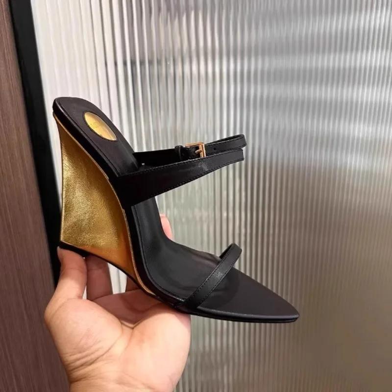 Fashion Women Wedges Sandals Pointed Toe Cross Strap One Belt Buckle Sexy Black Sandals 2025 Summer New Elegant Party Dress Women Shoes
