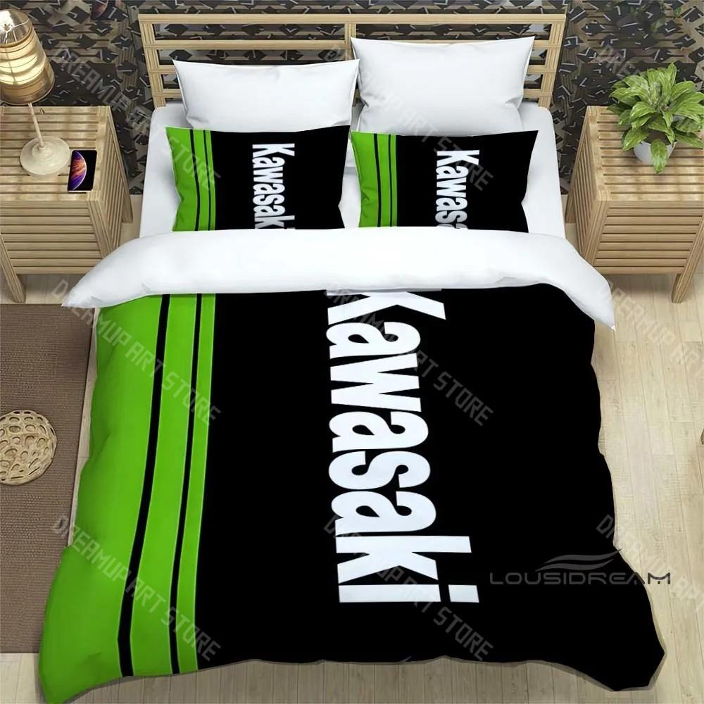 Set Biancheria da Letto Stampa Retro 3D Logo Moto K-Kawasaki Set Biancheria da Letto Elegante Copripiumino Coperta Trapuntata Letto Regalo di Compleanno di Lusso
