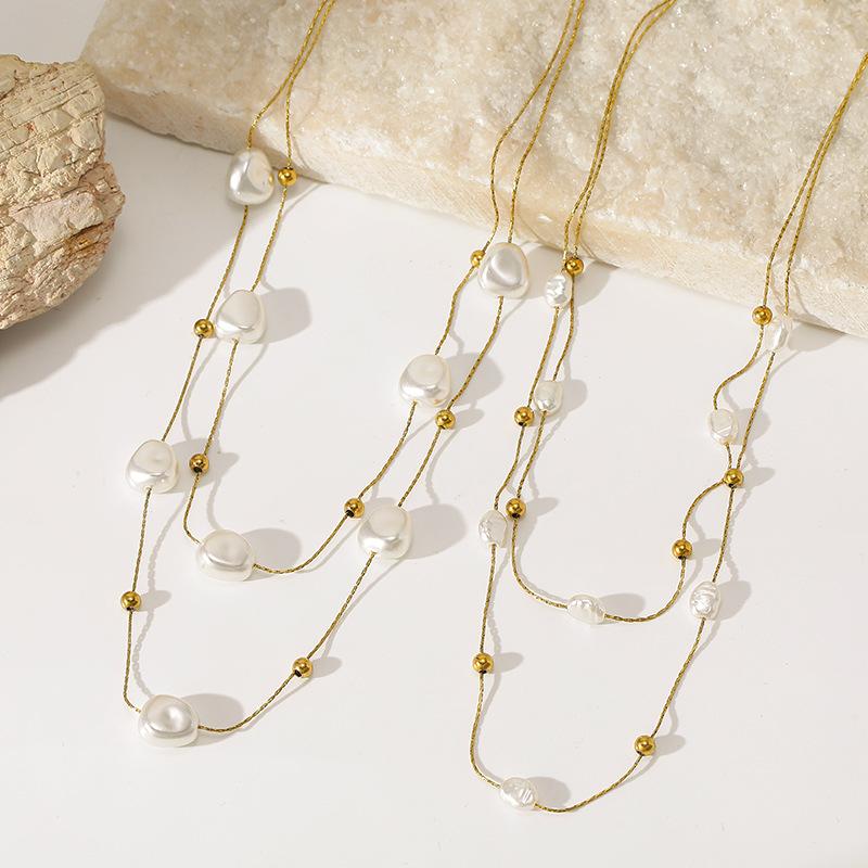 French Imitation Baroque Pearl Necklace Gentle Daily Small Gold Beads Stainless Steel Snake Bone Chain Stacked Wear Ladies Jewelry