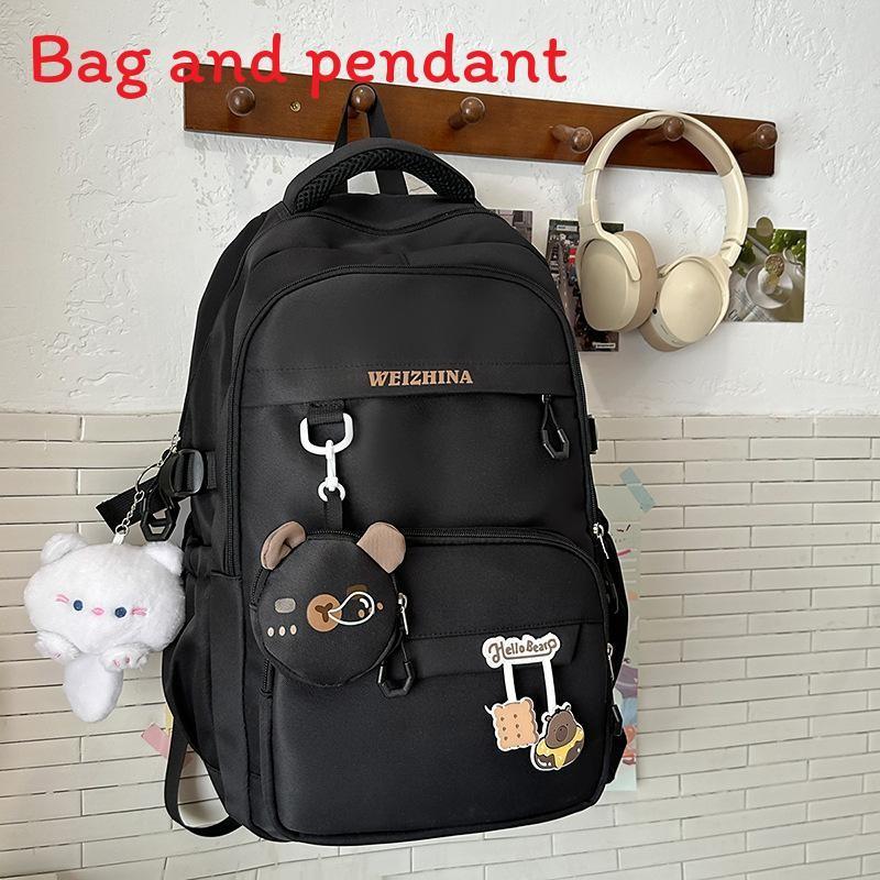 Color Solid Simple Letter Pattern Student Backpack With Decoration Pendant