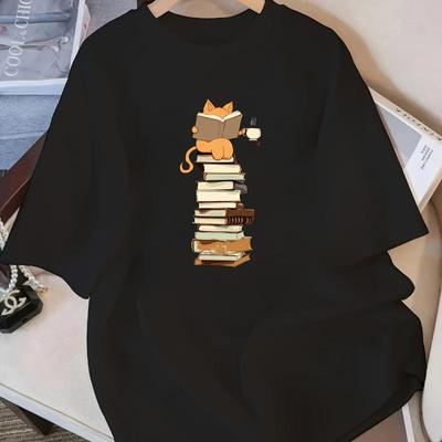 Camiseta de Gato Amante de los Libros Apilados, Camiseta Ligera de Verano Transpirable Fresca, Cómoda de Llevar